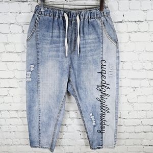 LI-SWEET DREAM | wide leg distressed crop denim drawstring waist jeans